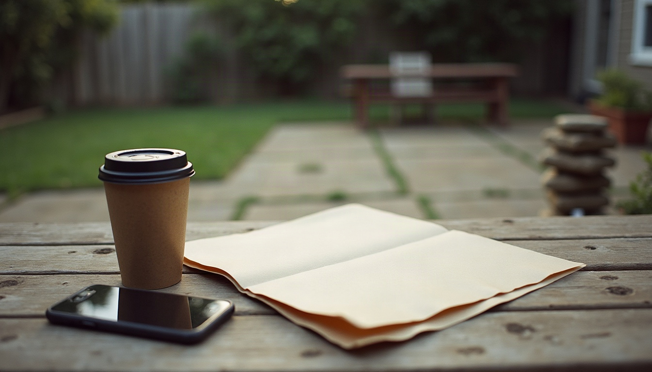 A paper folder, a coffee cup and a phone on a weathered table in an empty backyard at dawn.