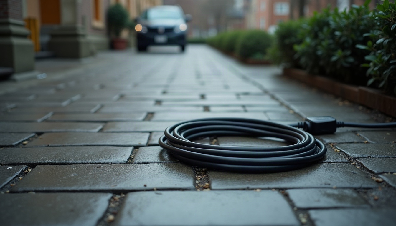 A dark charging cable coiled on wet slate stones in a quiet courtyard in the morning.