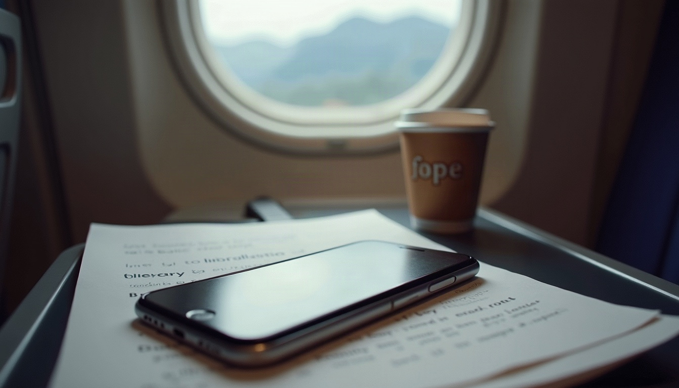 A phone lying face down next to a folded paper itinerary and a coffee cup on a tray table, with mountains blurred in the window.
