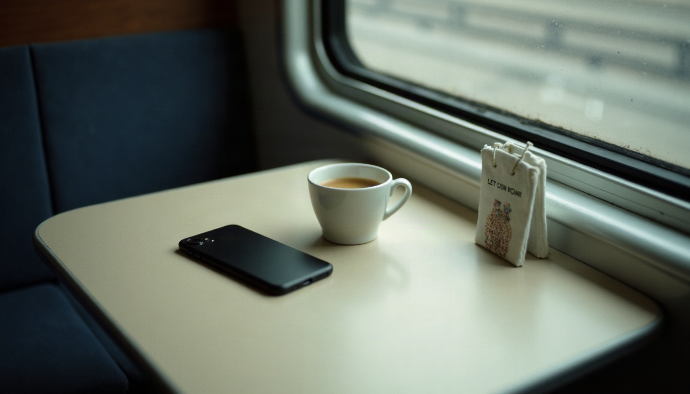 A phone lying face down next to a coffee cup on a train table beside a window.