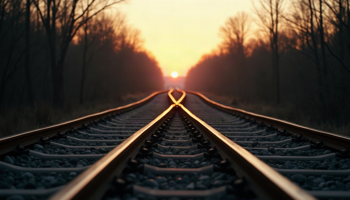A railway track divides into two routes in soft dawn light, photographed on film.