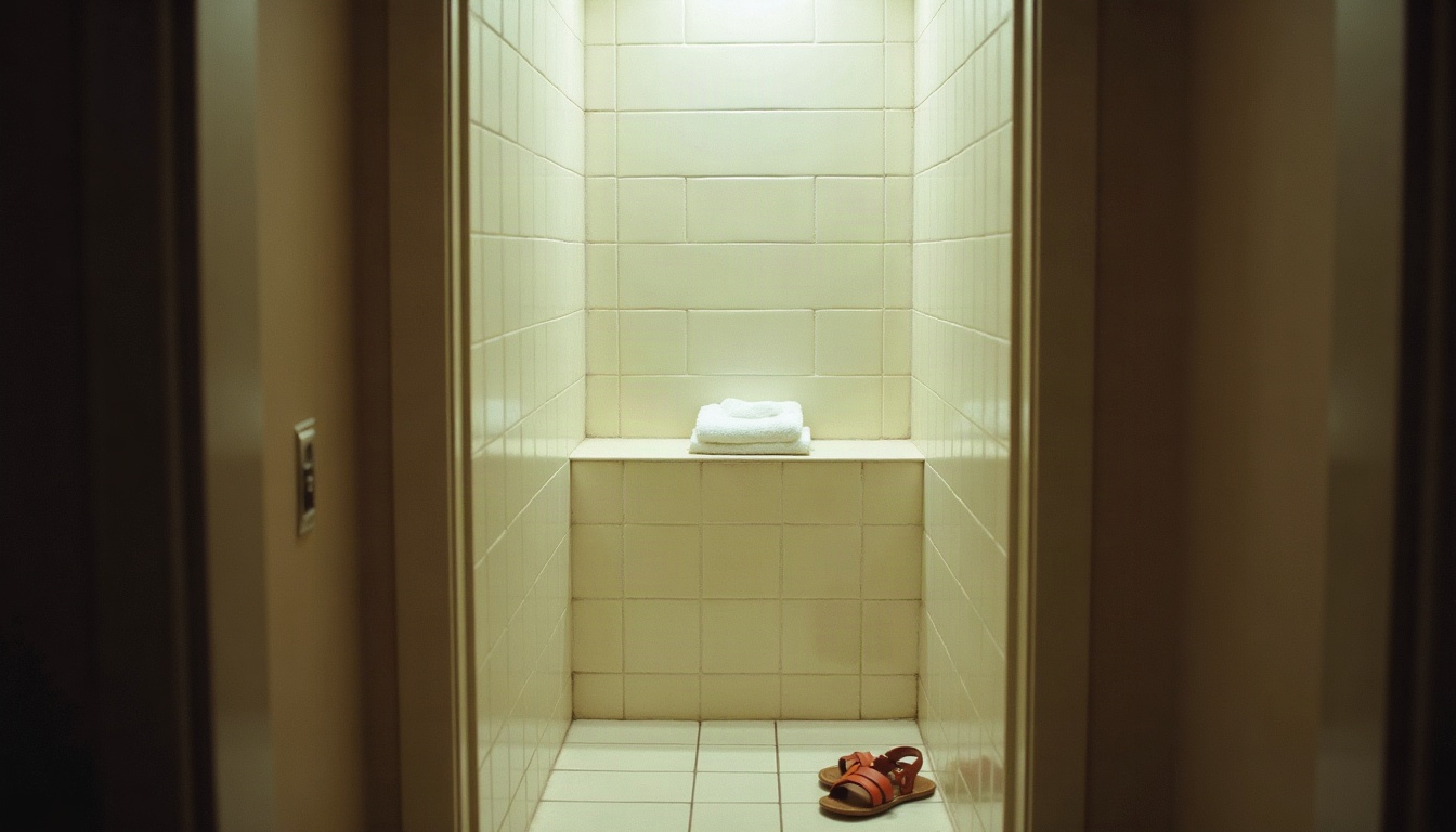 A small walk-in shower with white tile, a folded towel and a pair of child's sandals on the bathroom floor.
